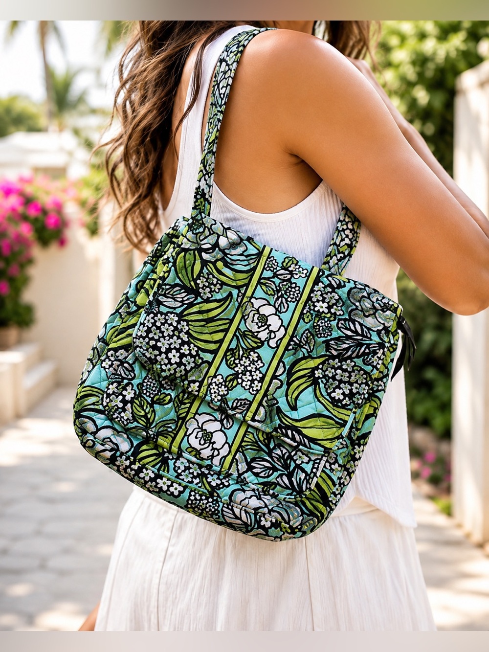 Vera Bradley Quilted Aqua Blue Green Floral Crossbody Shoulder Bag Cotton Purse